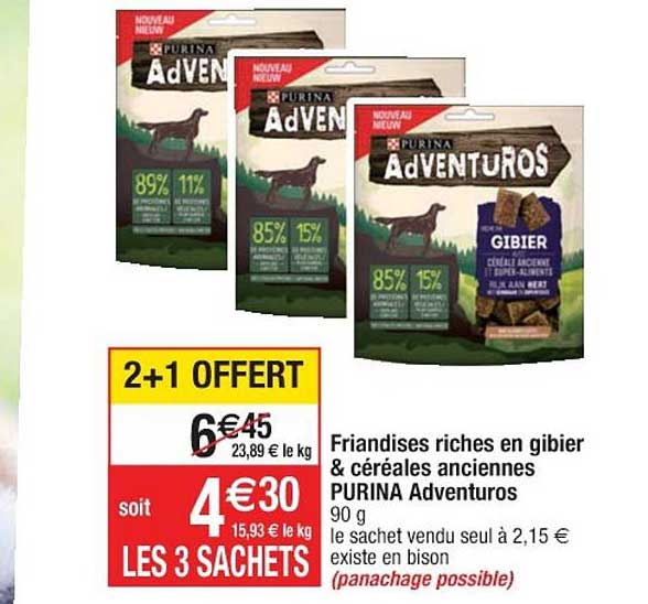 fraindises riches en gibier & céréales anciennes purina adventuros 2+1 offert