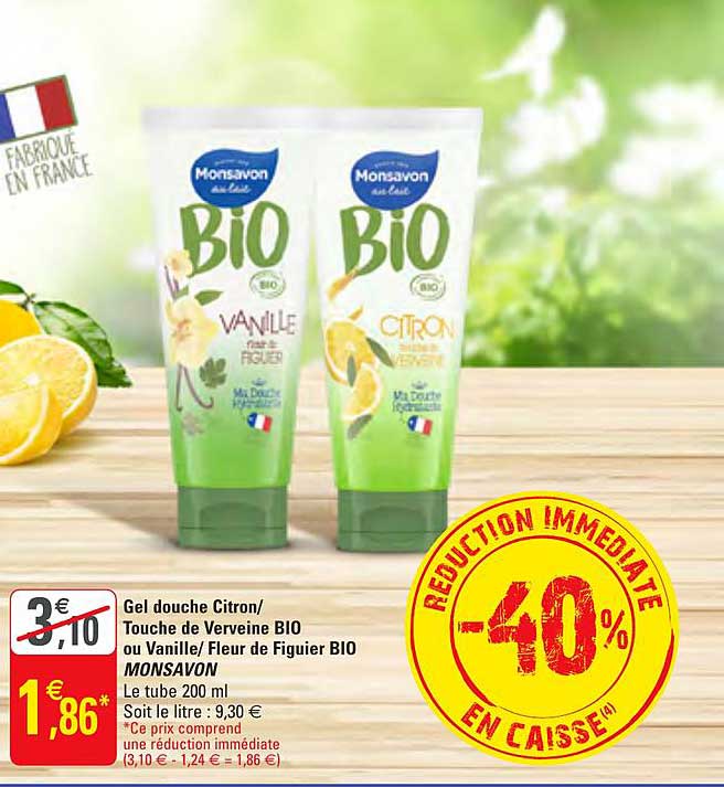 gel douche citron touche de verveine bio ou vanille fleur de figuier bio monsavon -40% réduction immédiate