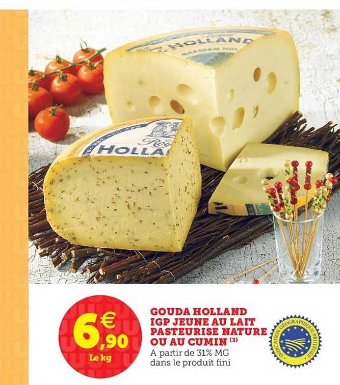gouda holland igp jeune au lait pasteurisé nature ou au cumin