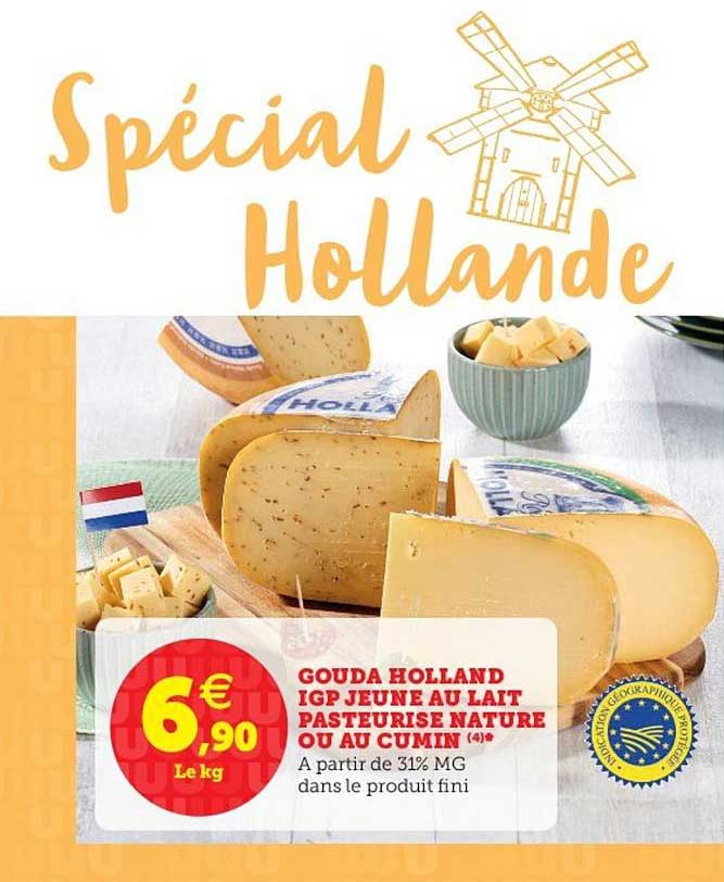 gouda holland igp jeune au lait pasteurisé nature ou au cumin