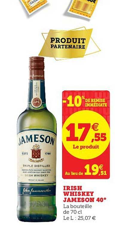 Irish Whiskey Jameson 40° -10% De Remise Immédiate