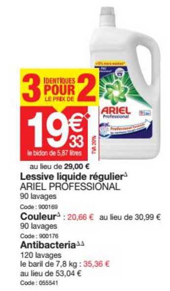 lessive liquide régulier ariel professional 3 identiques pour le prix de 2