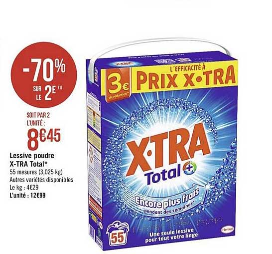 lessive poudre x tra total -70% sur le 2e
