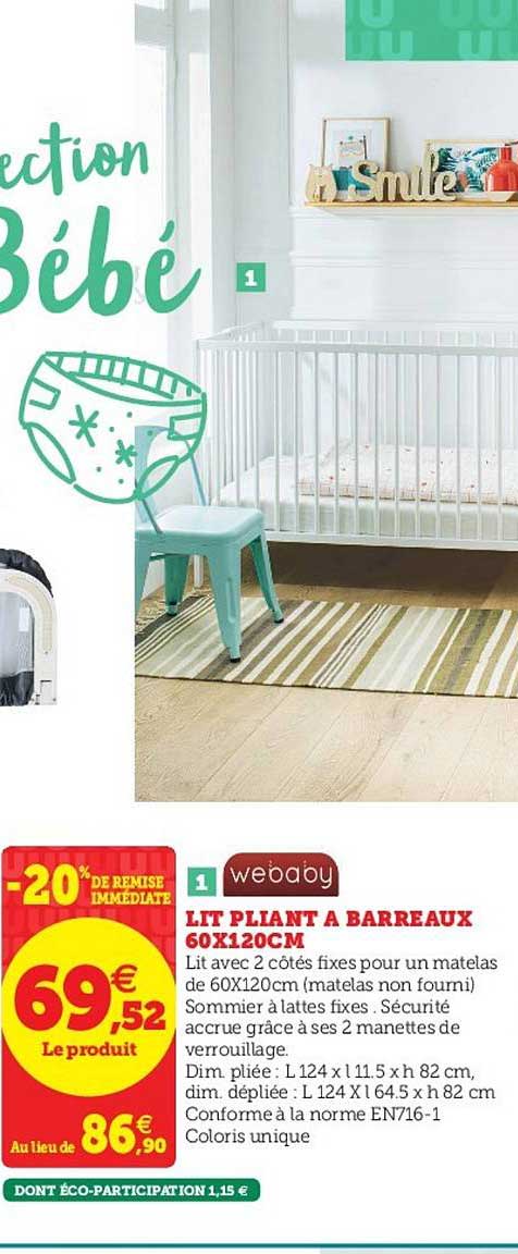 lit pliant à barreaux 60x120cm -20% de remise immédiate