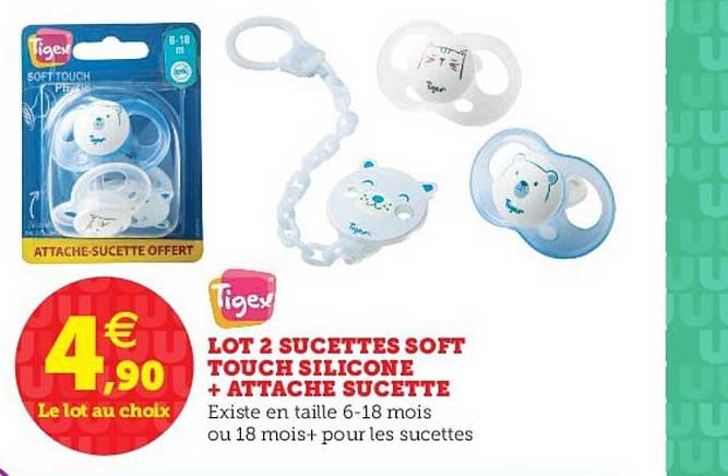 lot 2 sucettes soft touch silicone + attache sucette tigex