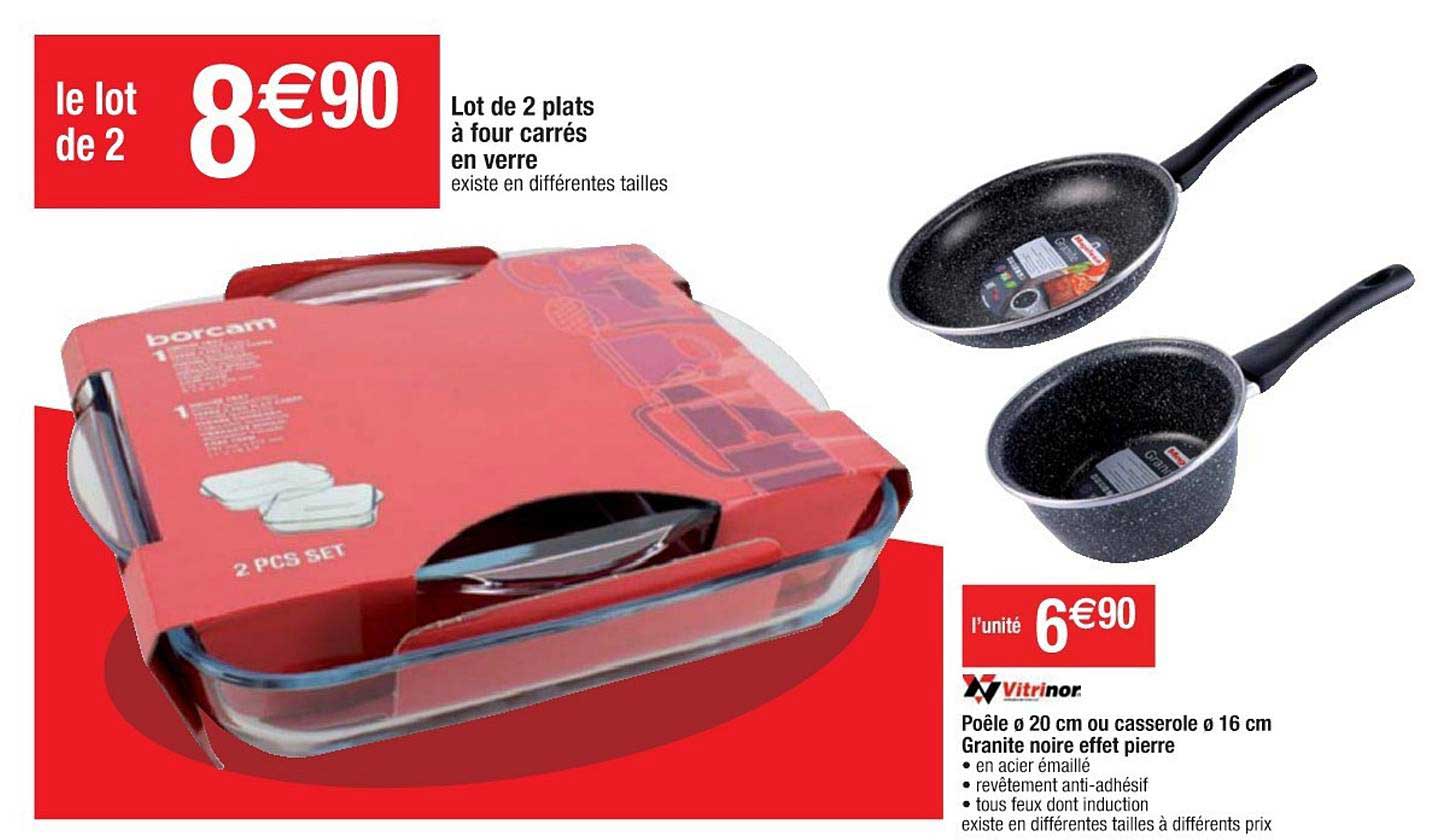 Lot De 2 Plats à Four Carrés En Verre Poêle 20 Cm Ou Casserole 16 Cm Granite Noire Effet Pierre Vitrinor