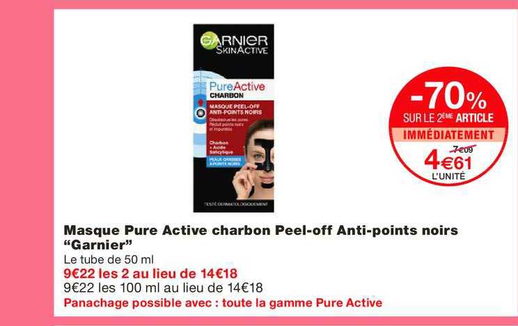 masque pure active charbon peel-off anti points noirs garnier -70% sur le 2e