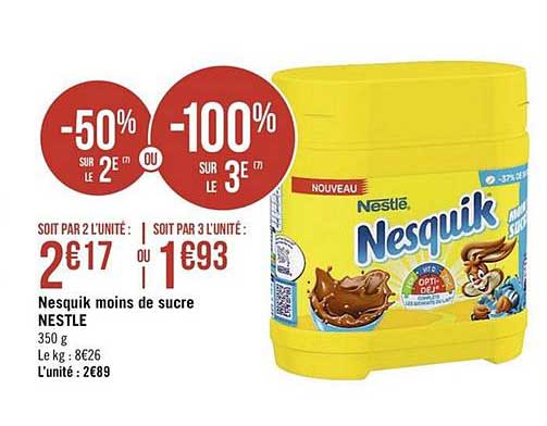 nesquik moins de sucre nestlé -50% sur le 2e ou -100% sur le 3e