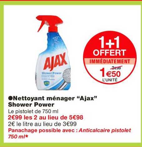 nettoyant ménager ajax shower power 1+1 offert