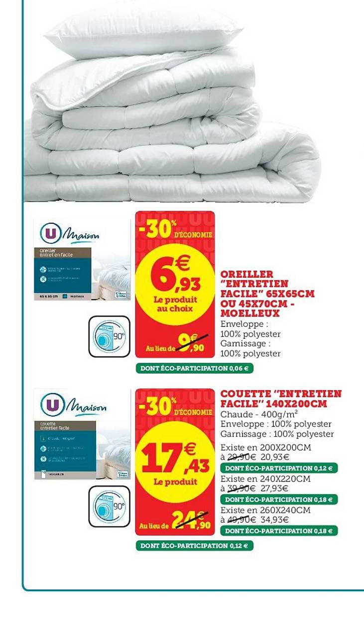 oreiller entretien facile 65x65cm ou 45x70cm moelleux oreiller entretien facile 140x200cm