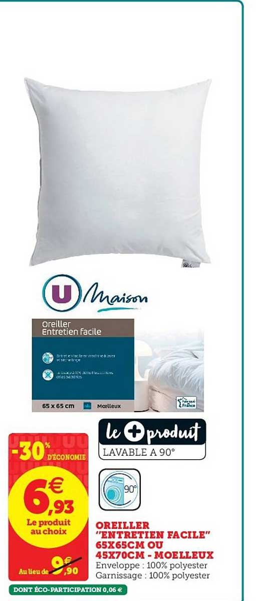 oreiller entretien facile 65x65cm ou 47x70cm moelleux maison -30% d'économie
