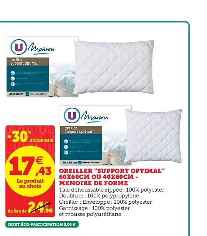 oreiller support optimal 60x60cm ou 40x60cm mémoire de forme