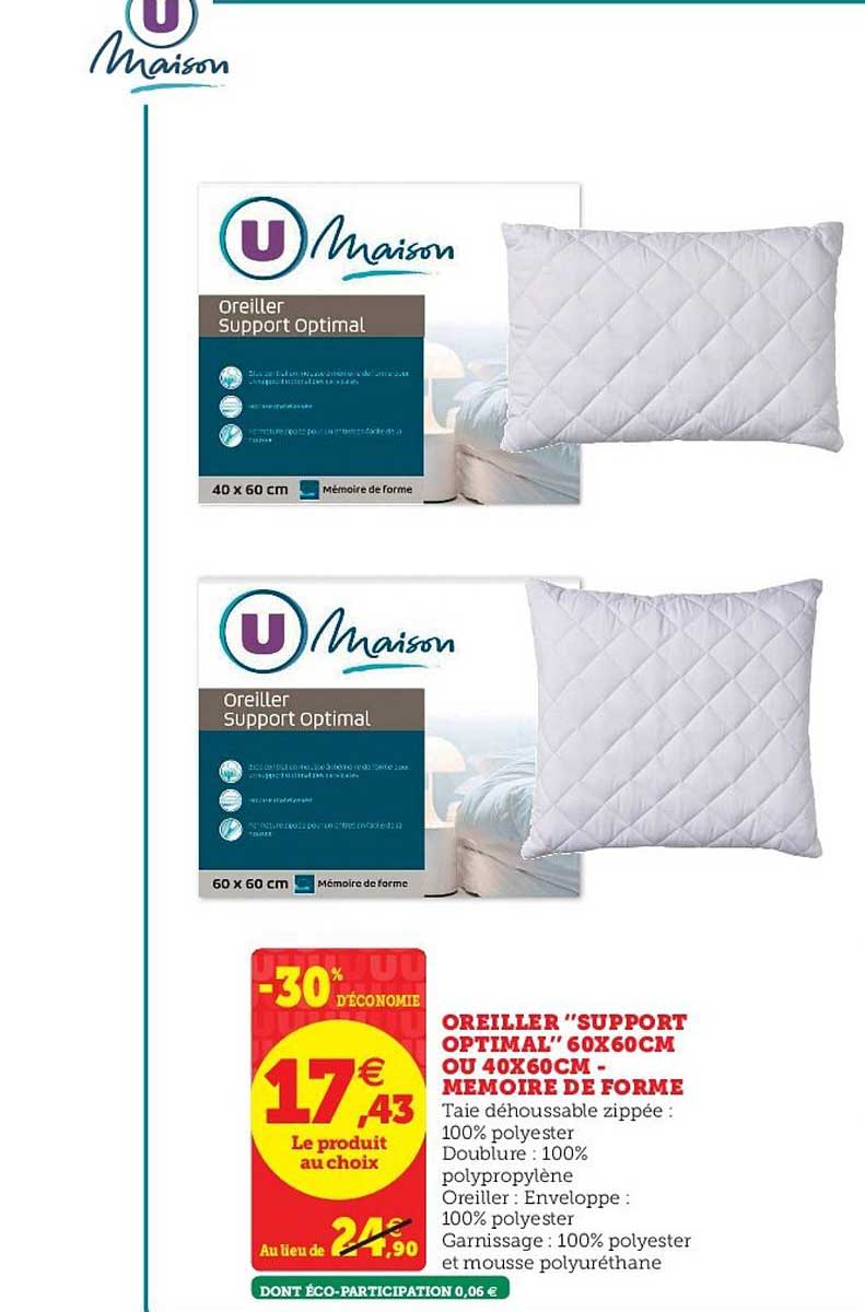 oreiller support optimal 60x60cm ou 60x6cm mémoire de forme maison -30% de remise immédiate