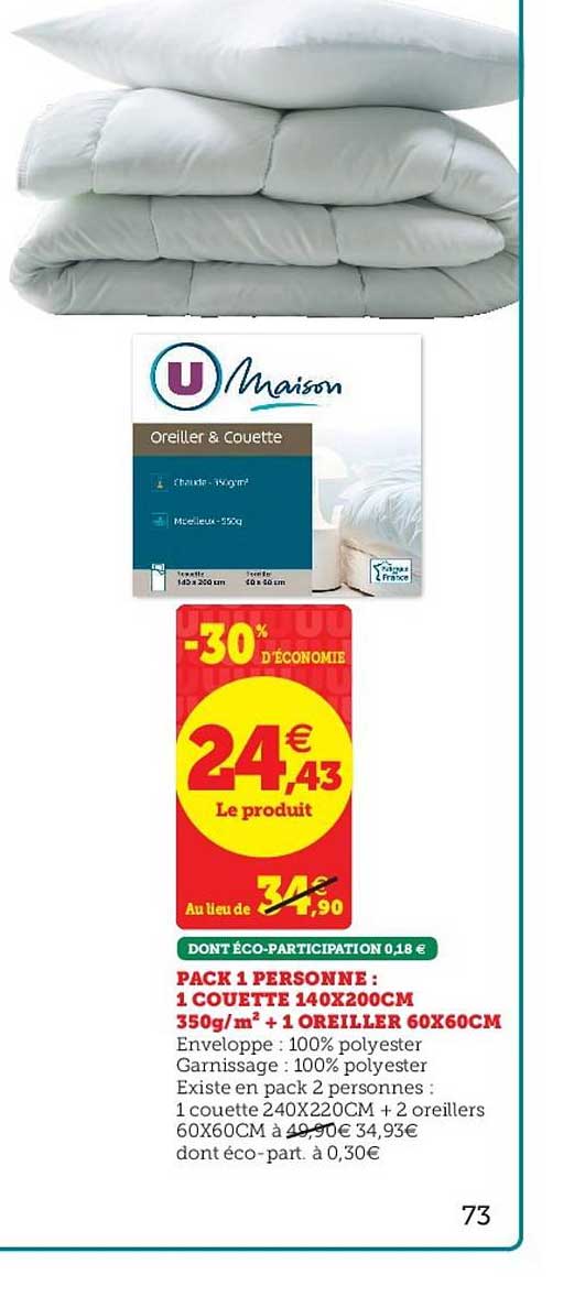 pack 1 personne 1 couette 140x200cm 350g m2 + 1 oreiller 60x60cm