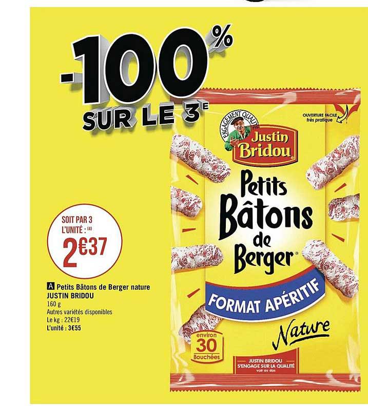 petits bâtons de berger nature justin bridou -100% sur le 3e