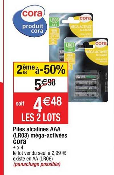 Piles Alcalines Aaa Lr03 Méga Activées Cora 2ème Lot à -50%