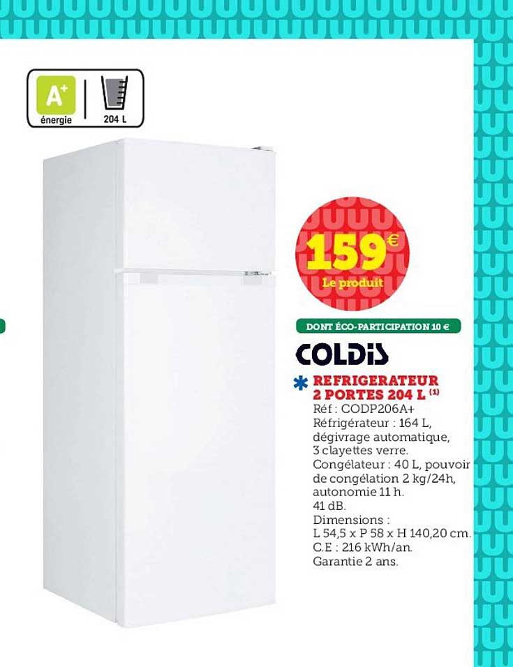 réfrigérateur 2 portes 204 l coldis