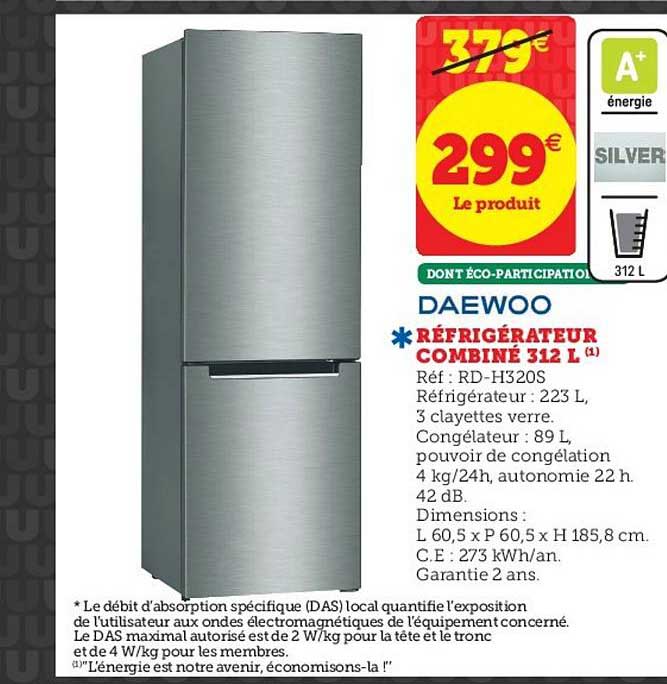 Réfrigérateur Combiné 312 L Daewoo