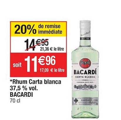 rhum carta blanca 37.5% vol. bacardi 20% de remise immédiate