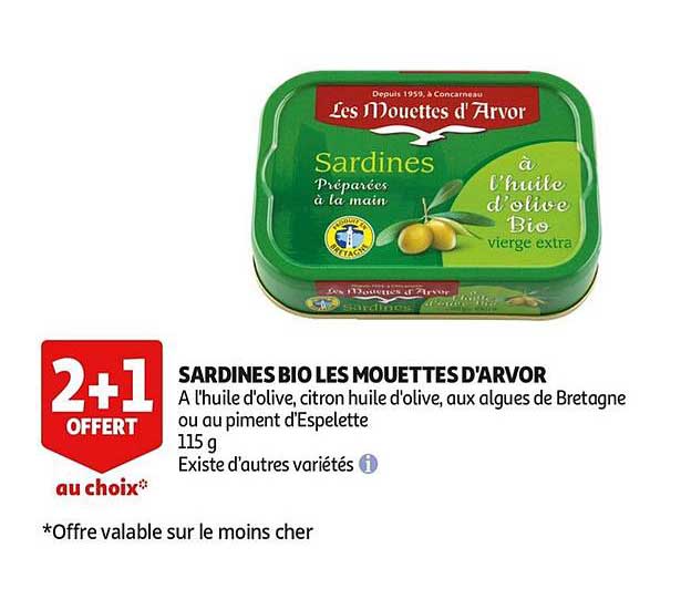 sardines bio les mouettes d'arvor 2+1 offert