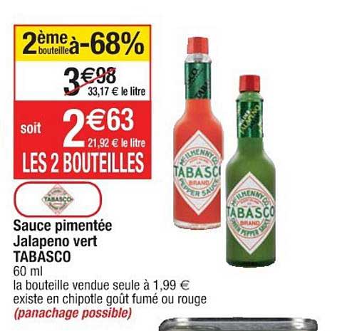 Sauce Pimentée Tabasco Jalapeno Vert 2ème Bouteille à -68%