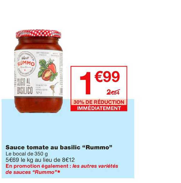 sauce tomate au basilic rummo  30% de réduction immédiatement