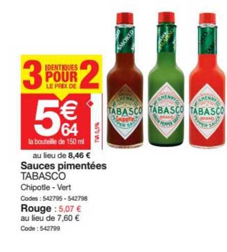 sauces pimentées tabasco 3 identiques pour le prix de 2