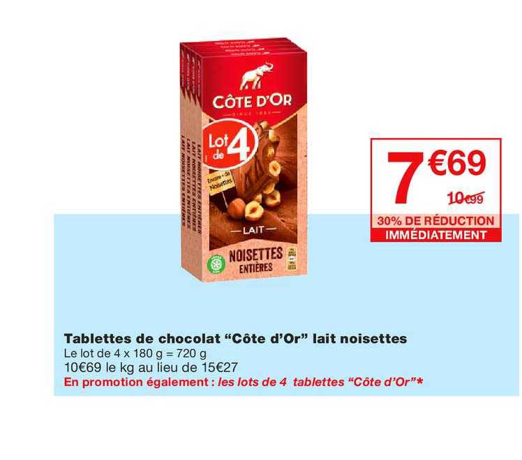 tablettes de chocolat côte d or lait noisettes 30% de réduction immédiatement