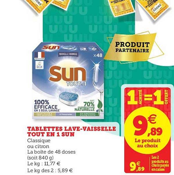 tablettes lave vaisselle tout en 1 sun 1+1 offert