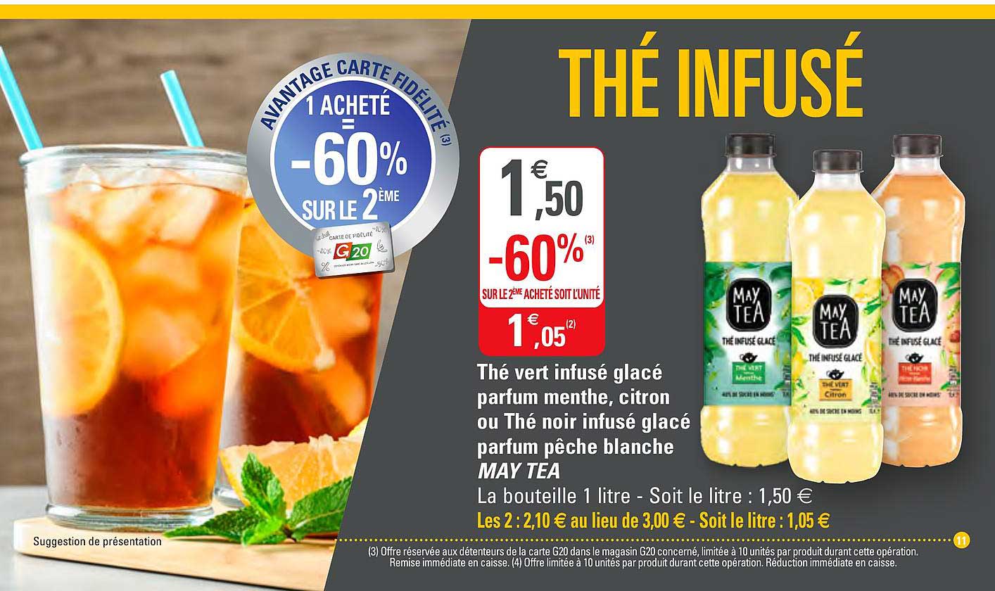 thé vert infusé glacé parfum menthe citron ou thé noir parfum pêche blanche may tea  -60% sur le 2e
