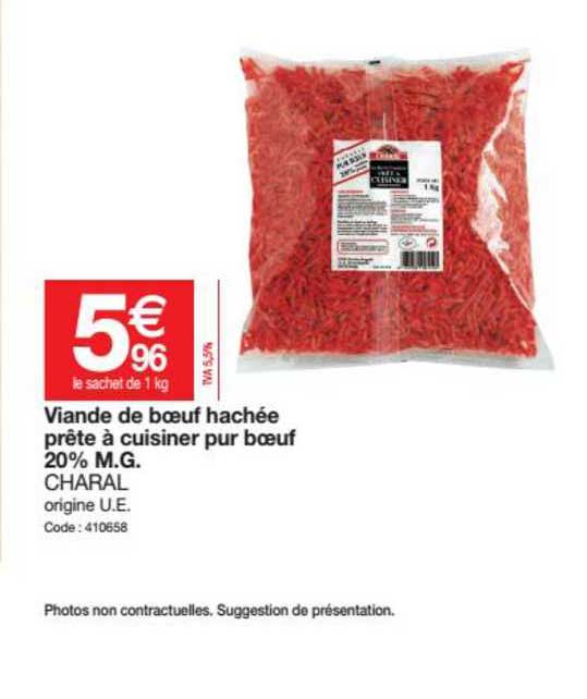 viande de bœuf hachée prête à cuisiner pur bœuf 20% m.g. charal