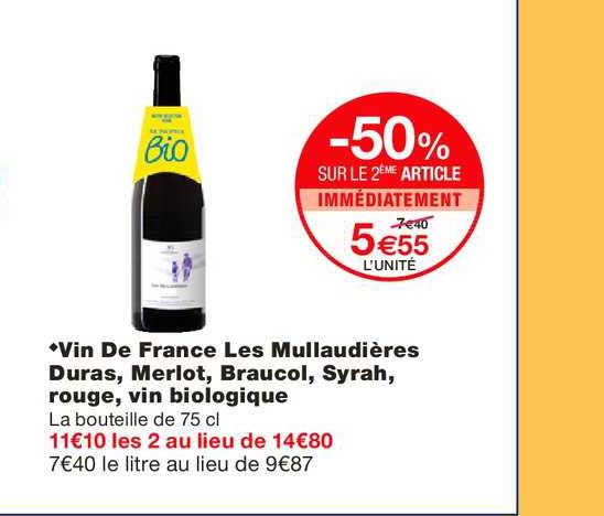 vin de france les mullaudières duras merlot braucol syrah rouge vin biologique -50% sur le 2e