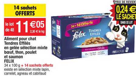 aliment pour chat tendres effilés en gelée sélection mixte bœuf, thon, poulet et saumon felix