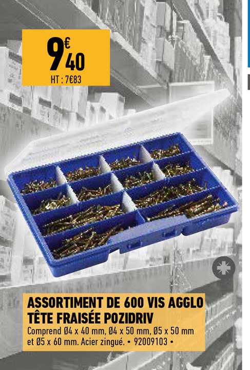 assortiment de 600 vis agglo tête fraisée pozidriv