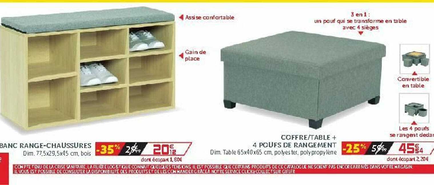 banc range-chaussures, coffret-table + 4 poufs de rangement