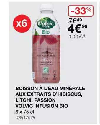 boisson à l'eau minérale aux extraits d'hibiscus, litchi, passion volvic infusion bio
