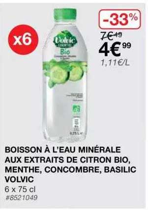 boisson à l'eau minérale aux extraits decitron bio, menthe, concombre, basilic volvic