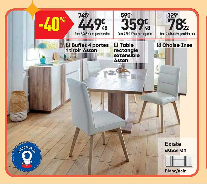 buffet 4 portes 1 tiroir aston, table rectangle extensible aston, chaise ines