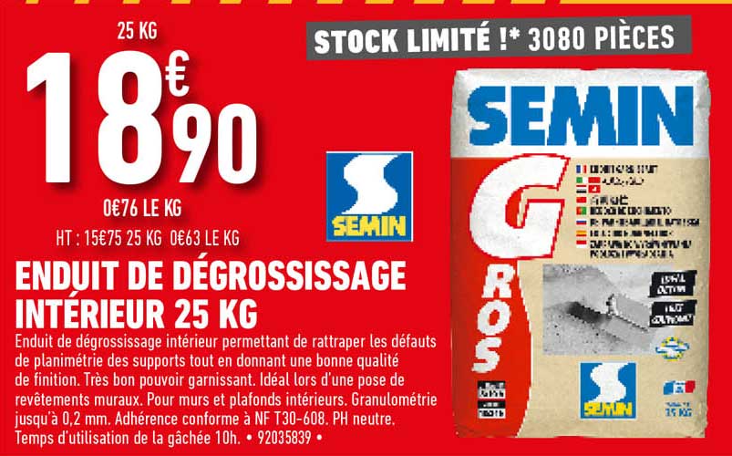 enduit de dégrossissage intérieur 25 kg semin