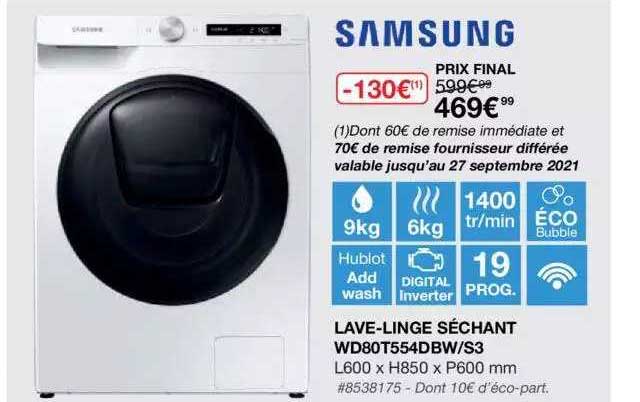 lave-linge séchant wd80t554dbw-s3 samsung