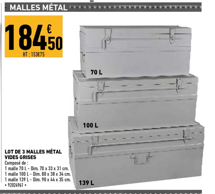 lot de 3 malles métal vides grises
