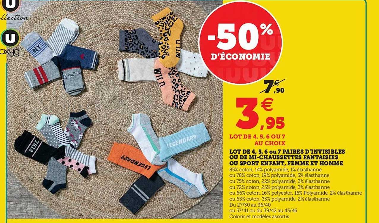 lot de 4, 5, 6 ou 7 paires d'invisibles ou de mi-chaussettes fantaisies ou sport enfant, femme et homme