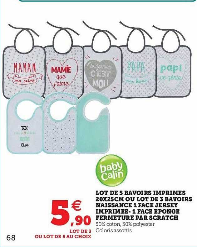 lot de 5 bavoirs imprimés 20 x 25 cm ou lot de 3 bavoirs naissance 1 face jersey imprimée - 1 face éponge fermeture par scratch baby câlin