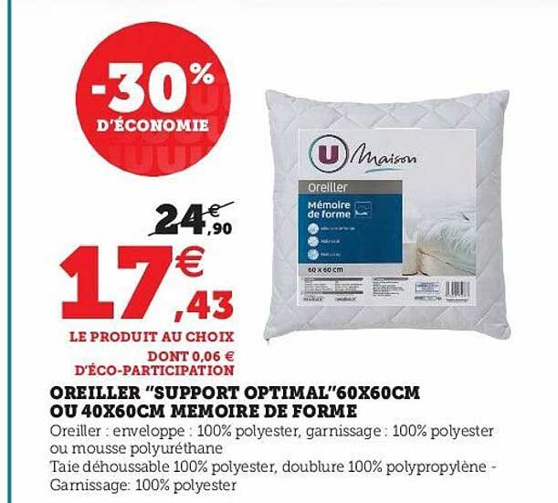 oreiller "support optimal "60 x 60 cm ou 40 x 60 cm mémoire de forme