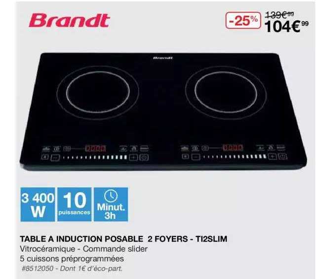 table à induction posable 2 foyers - ti2slim brandt