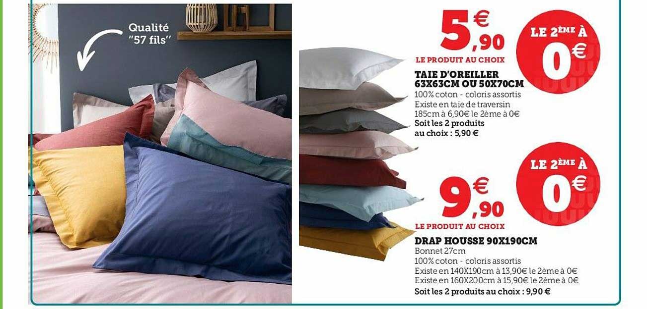 taie d'oreiller 63 x 63 cm ou 50 x 70 cm, drap housse 90 x 190 cm