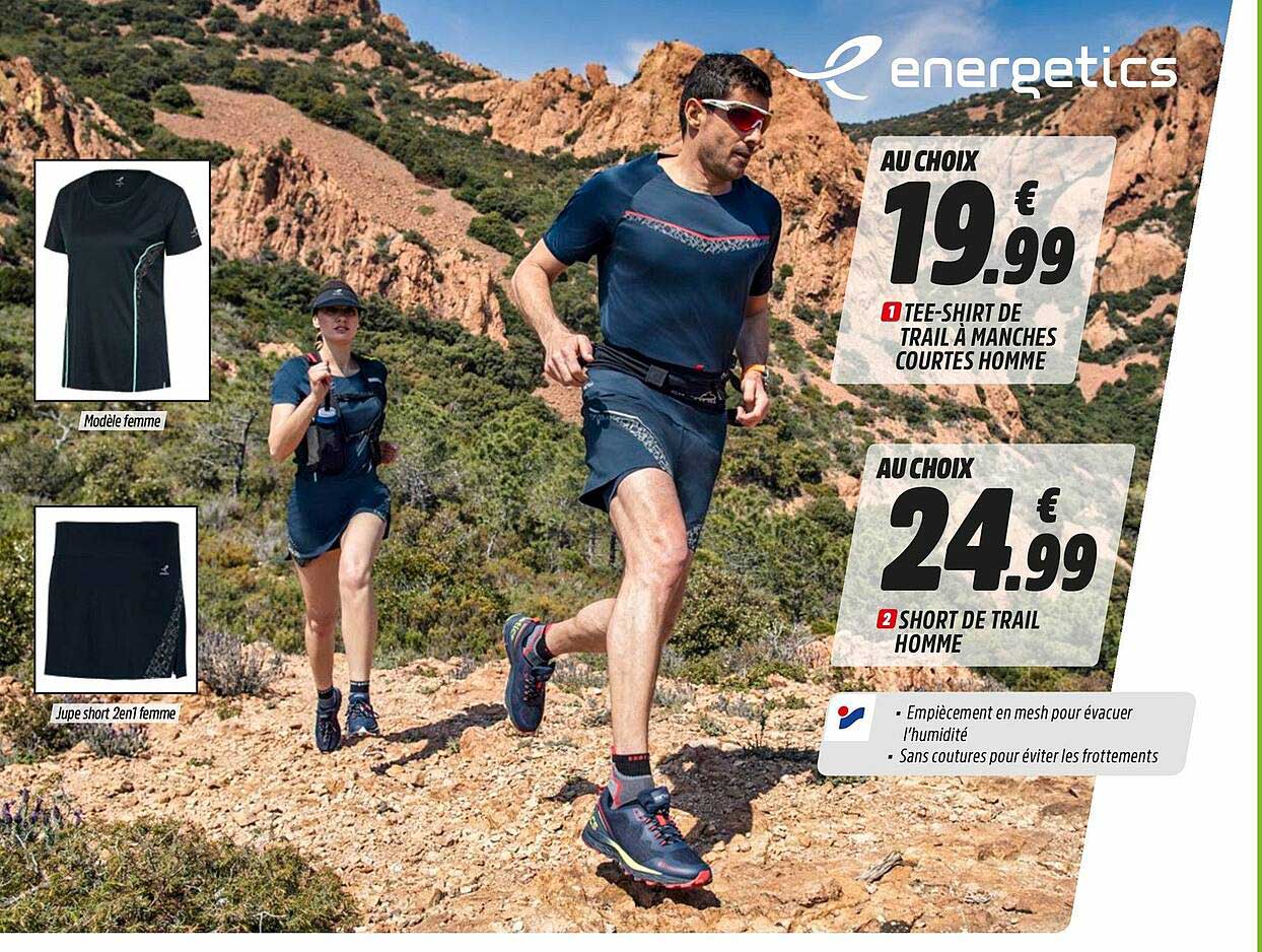 tee-shirt de trail à manches courtes homme, short de trail homme energetics