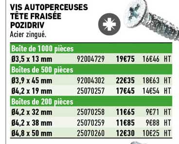 vis autoperceuses tête fraisée pozidriv