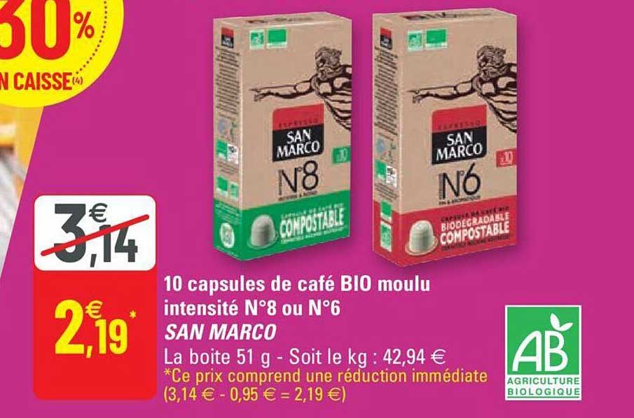 10 capsules de café bio moulu intensité n°8 ou n°6 san marco