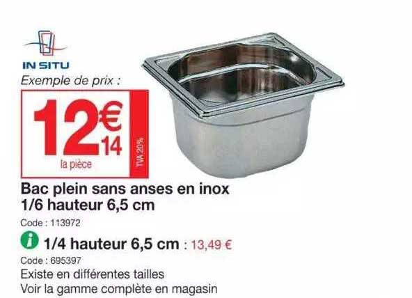 bac plein sans anses en inox 1:6 hauteur ou 1:4